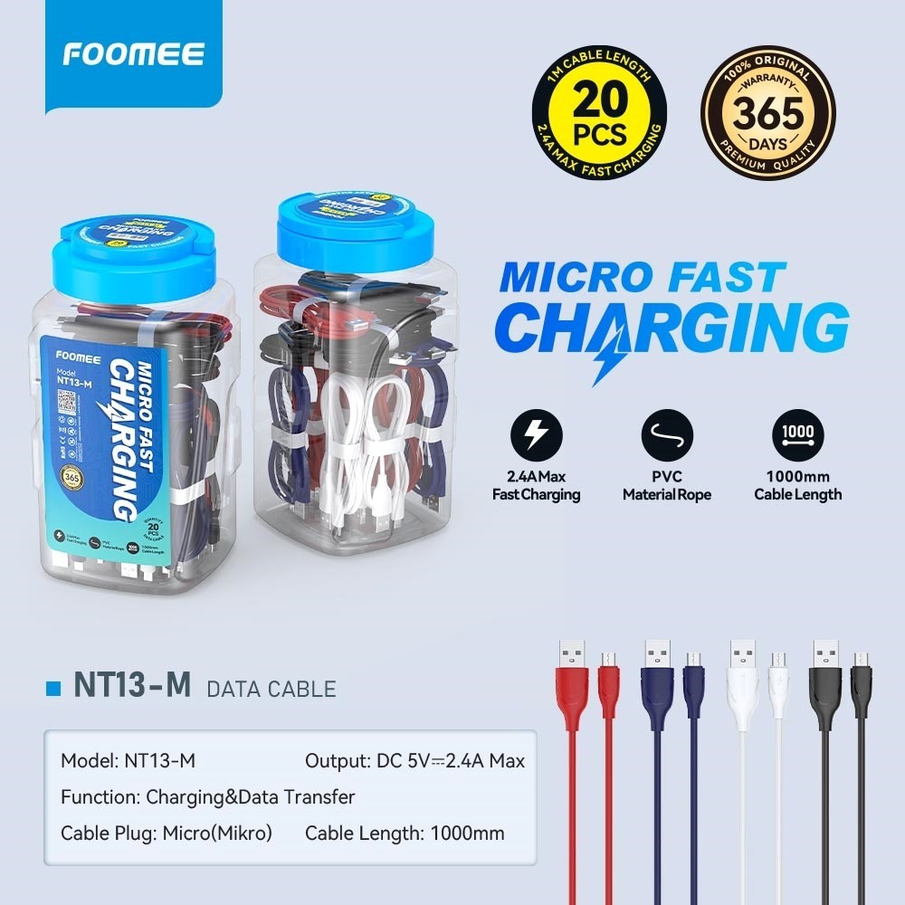 FOOMEE NT13-M/NT13-C/NT13-L/NT18-M/NT18-C/NT18-L (1toples isi 20pcs) DATA MICRO/TYPE-C/LIGHTNING 2.4