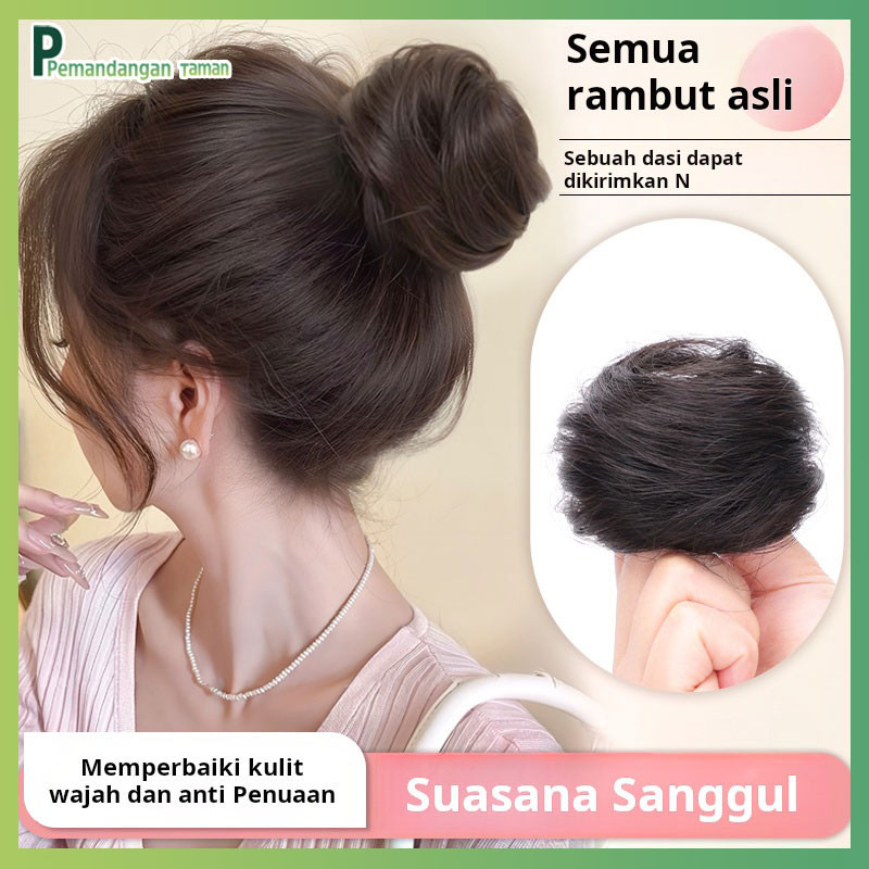 Wig kepala bola rambut asli ikat kepala wanita berbulu tinggi tas wig tengkorak alami gaya kuno arte