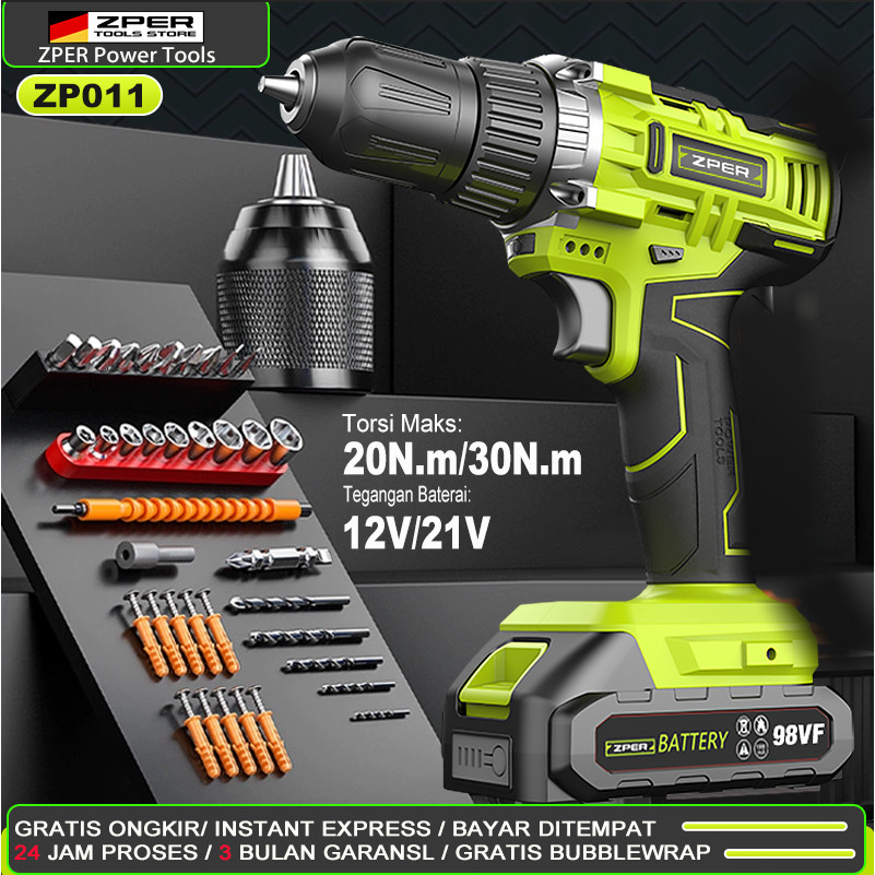 【100% ORI】ZPER 12V/21V Bor Listrik Mesin Bor Baterai Tangan Cordless Drill Battery Bor Baterai Lithi