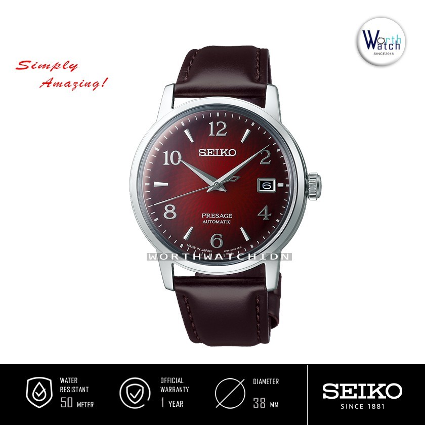 Jam Tangan Pria Otomatis Seiko Presage Automatic Cocktail Red Dial Brown Leather SRPE-41-J1