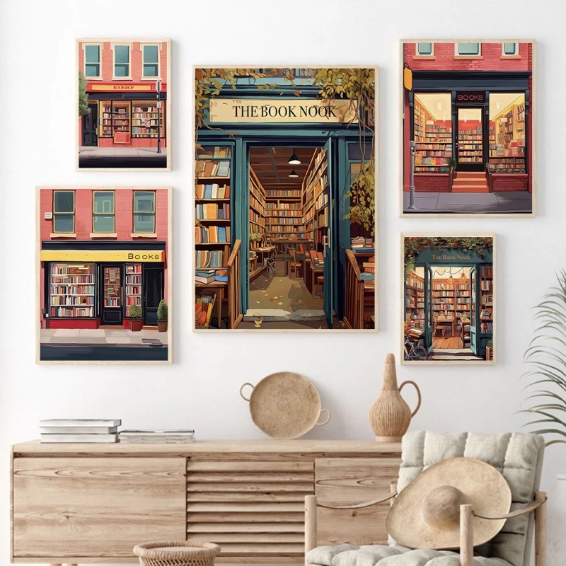 

Vintage Book Shop Store Gift for Reader Poster Printing Decorative Canvas Painting Living Room Bedroom Study Wall Art Home Decor