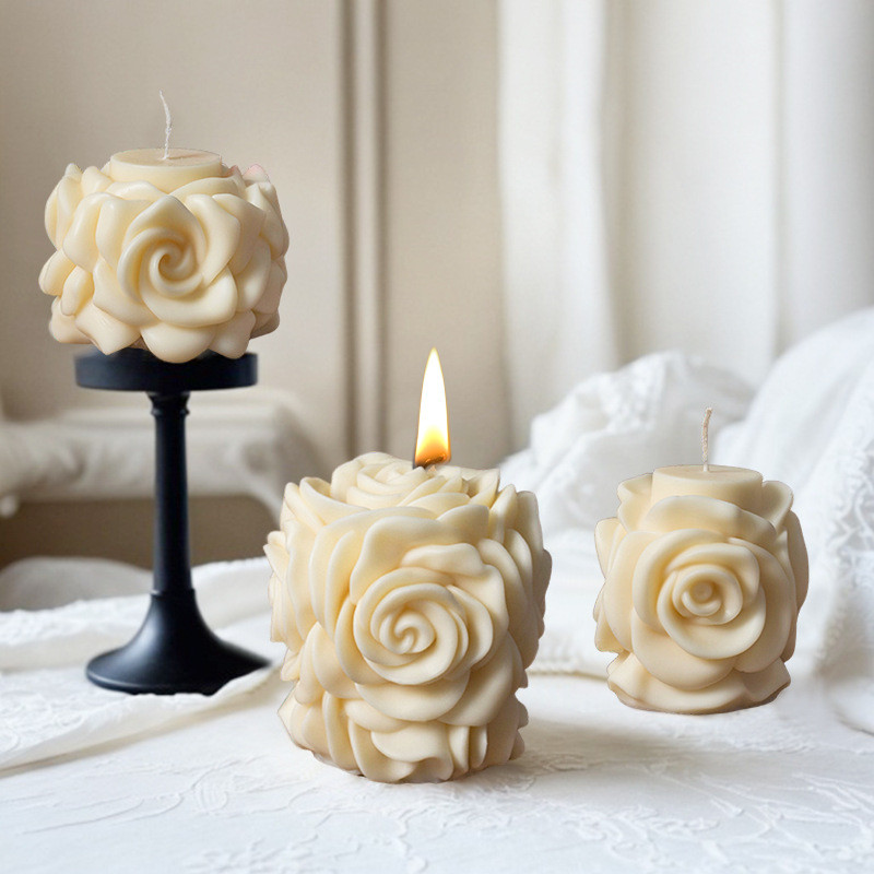 

New Geometric Rose Pillar Candle Silicone Mold Handmade Craft Flower Column Aromatherapy Candle Plaster Mould Xmas Decor Gifts