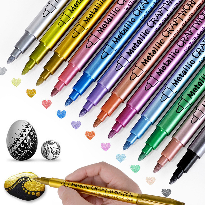 

12Pcs/Set Metal Craft Water-based Paint Pens Gold Silver Soft Brush Markers Signing Pens Suitable for Black Paper Rock Painting