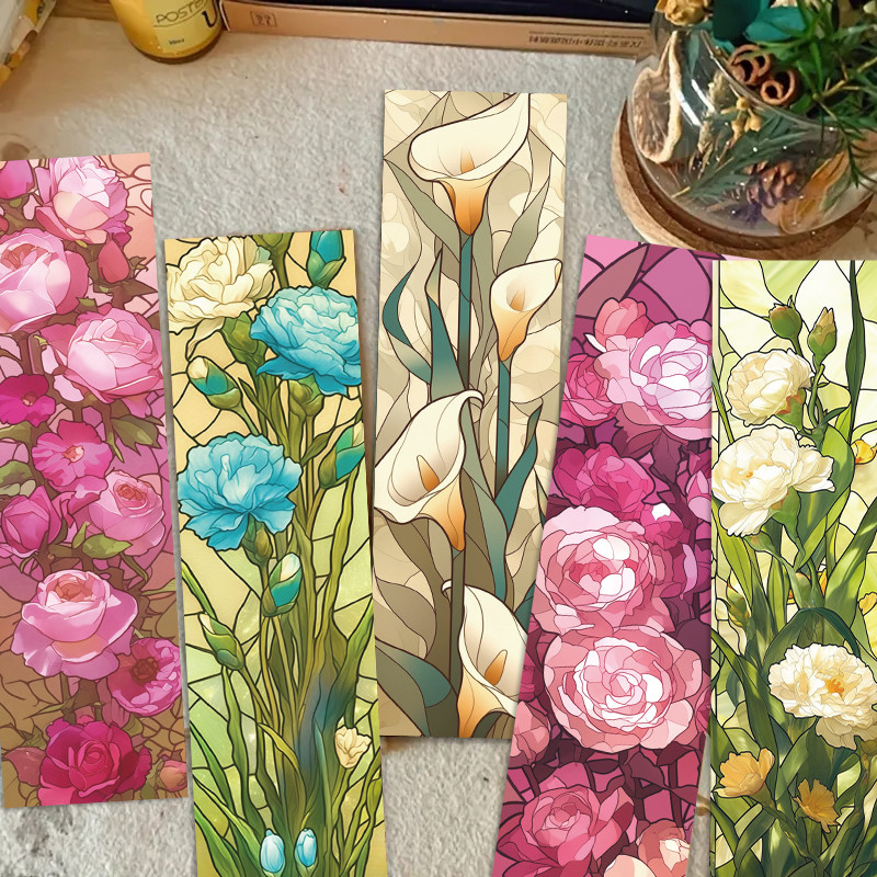 

30PCS Floral Stained Glass Bookmarks, Cartoon Reading Page Markers for Students, Creative DIY Book Labeling Decor, Paper