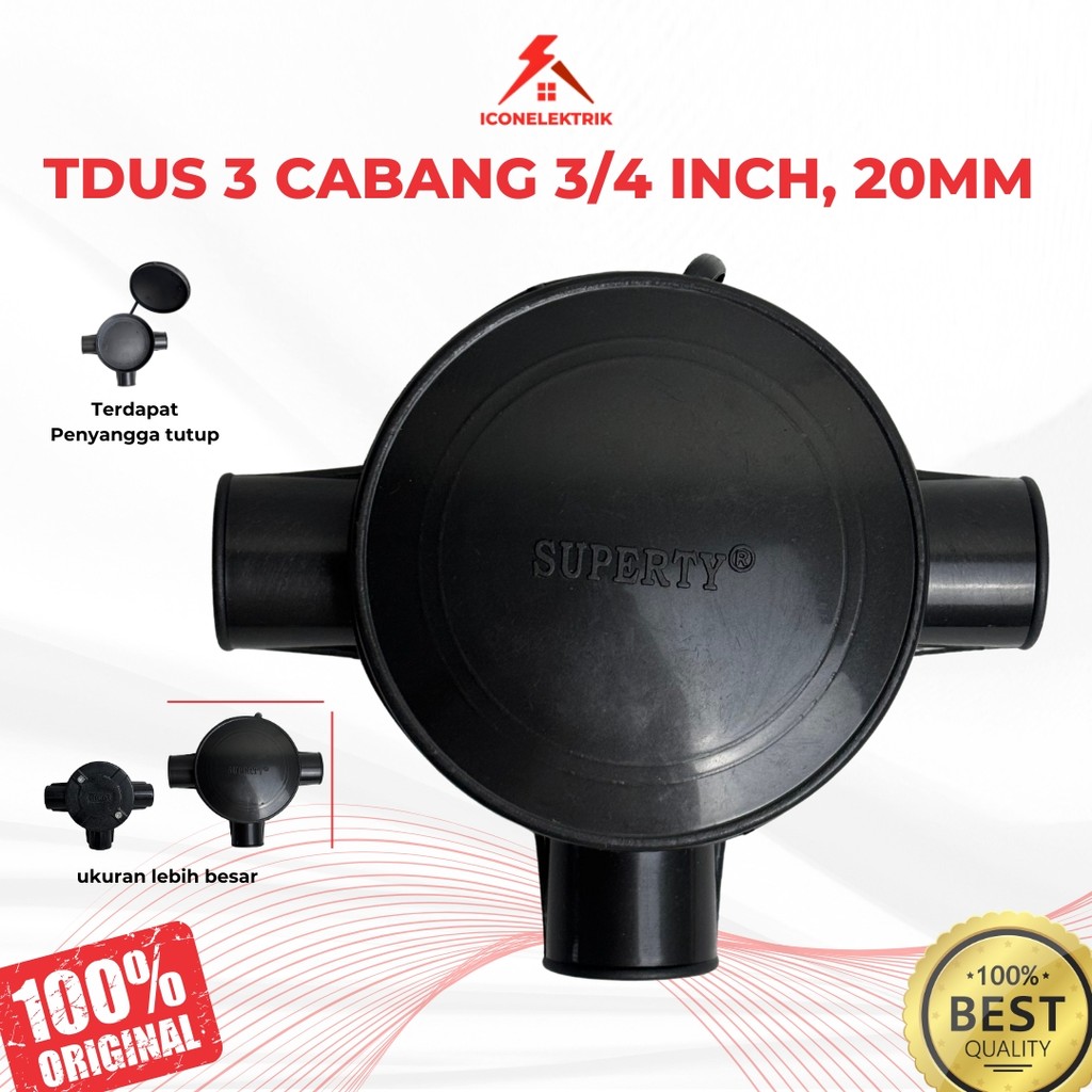 T Dus 3 Cabang 3/4 Inch 20mm Warna Hitam Sambungan Pipa Listrik PVC Besar