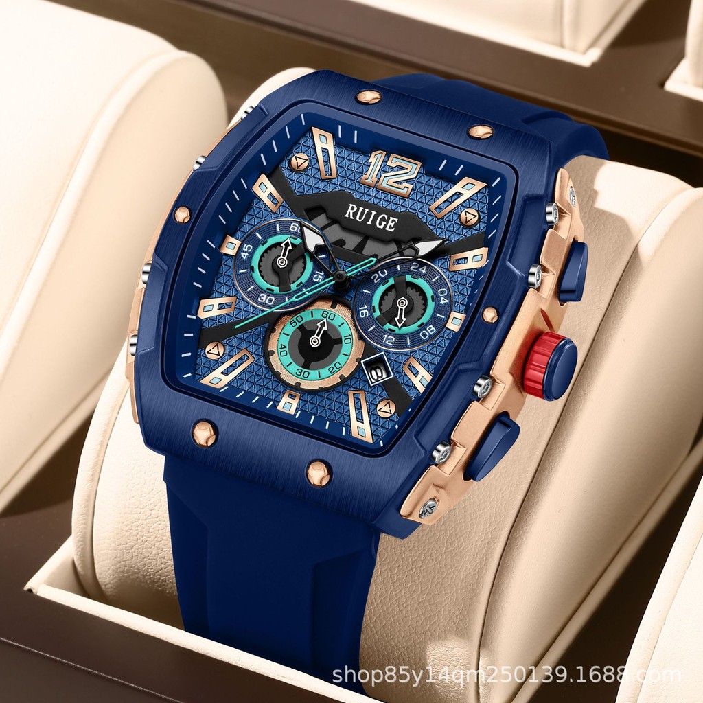 

Jam Tangan Pria Multifungsi Bentuk Barel Ruige Gaya Outdoor Tali Silikon Jam Tangan Malam Pria Tahan Air Fashion