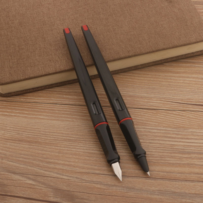 

2022 NEW Fashion Black Fountain Pen Red Big Clip Plastic Long Body 0.38mm 0.5mm bent nib Ink Pens Office Supplies Stationery