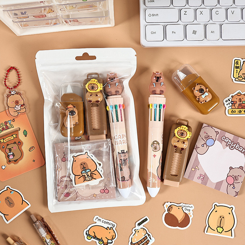 

Capybara Stationery Set For Kids Gift Pens Stickers Utility Knife Stationery Gift Box Back To School Learning Birthday Gift