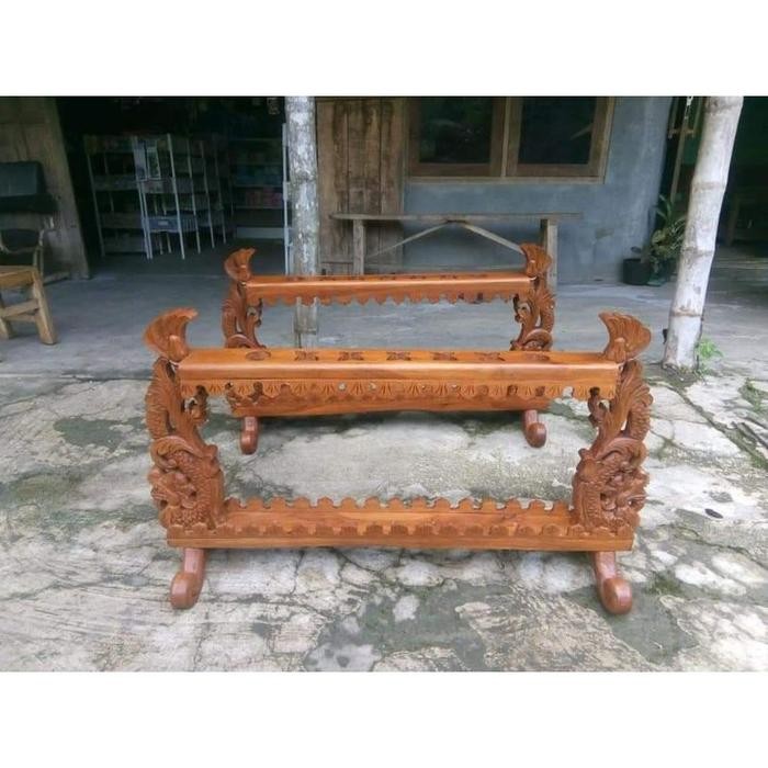 Jagrak Pajangan Pusaka & Pusaka Ukiran Naga Dragon Isi 7 Kayu Jati