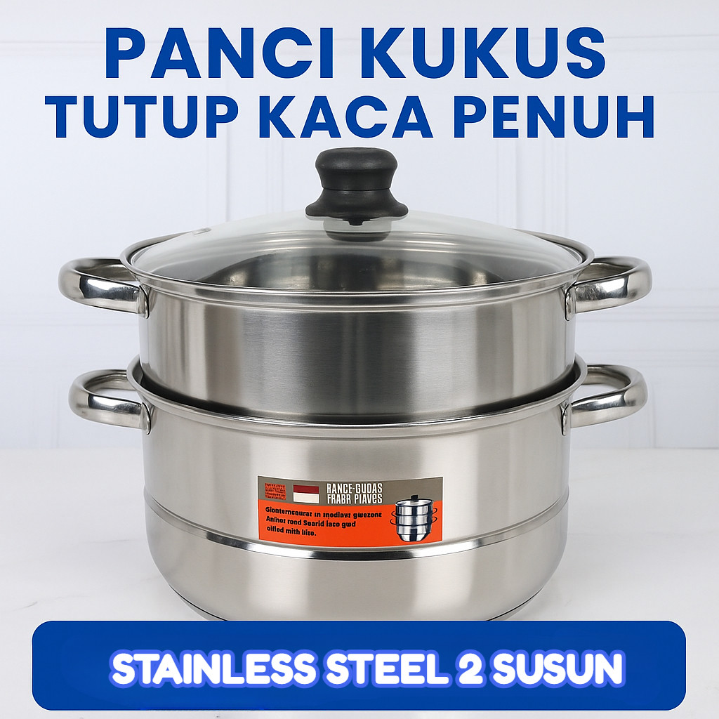 Panci Kukus Tutup Kaca 30cm 2 Susun Stainless Steel + Saringan Kukusan Panci Dimsum– Lingkaran Dua