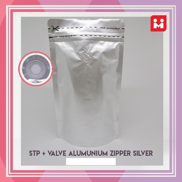 

Kemasan Kopi Standing Pouch Valve + Zipper Silver 250gr