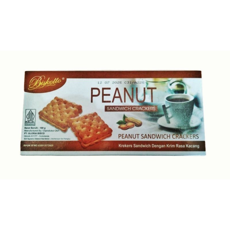 

Biskotto Biskuit rasa krim kacang / Biskotto peanut sandwich crackers / krakers rasa selai kacang 160 gr