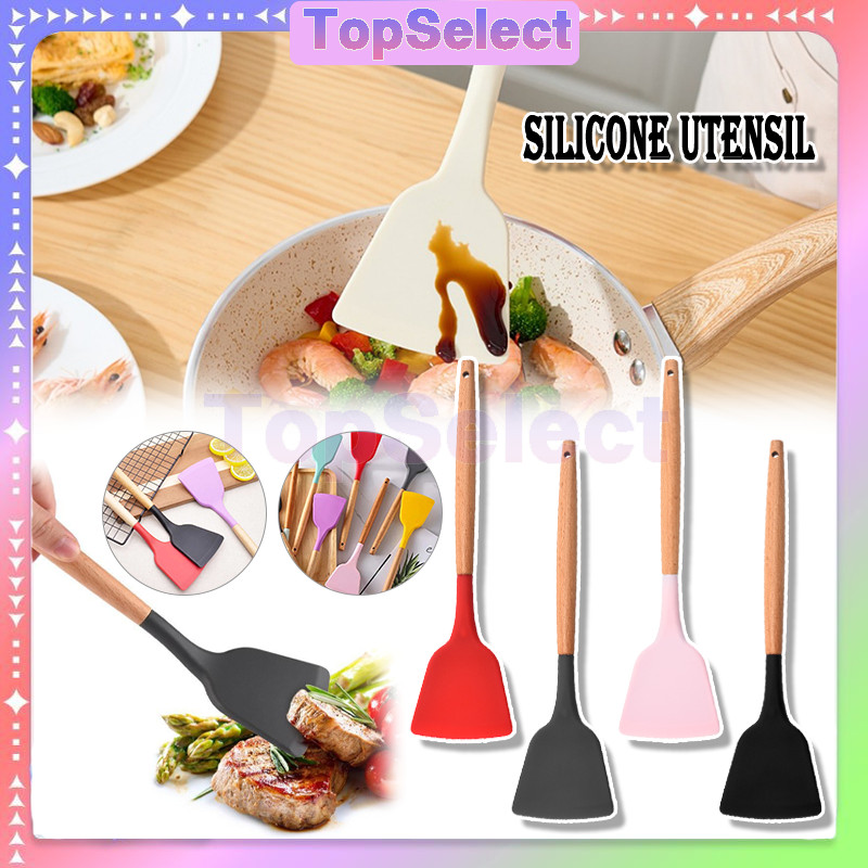 Spatula Penggorengan Silicon Utensil Gagang Kayu Tahan Panas/Spatula Masak Silicone Tahan Panas/Uten