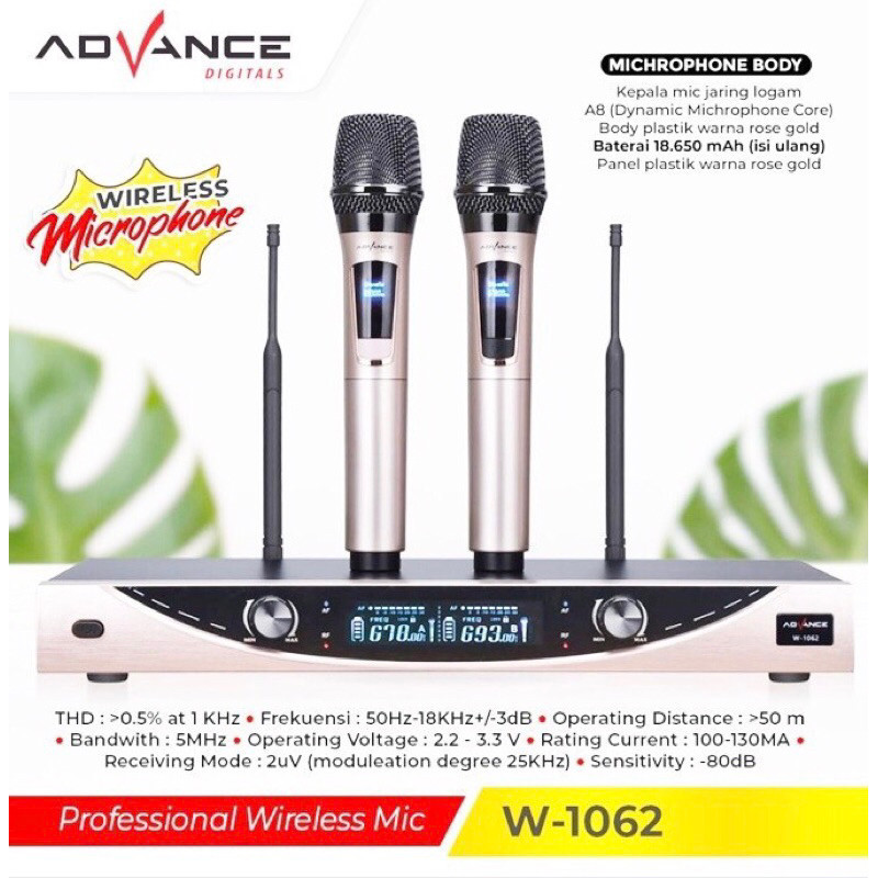 Microphone Advance Mic Double Wireless + Receiver W-1062 UHF