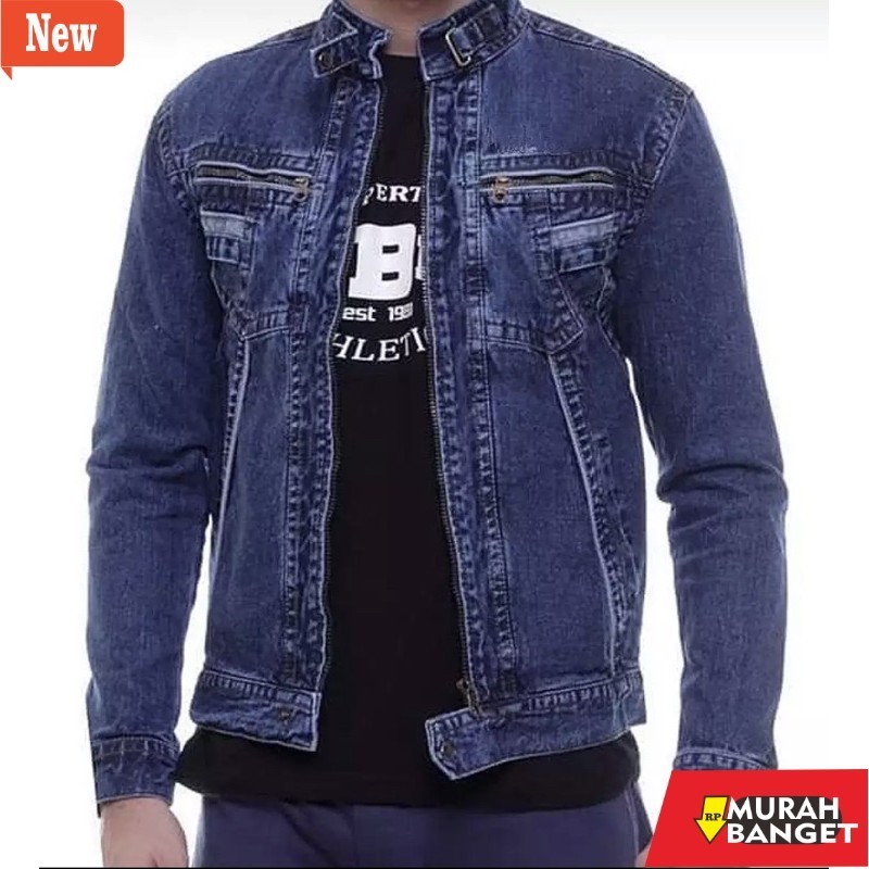Jaket pria terbaru yg lagi viral- JAKET JEANS PRIA KERAH TINGGI RESLETING JAKET JEANS COWOK TB BANDU