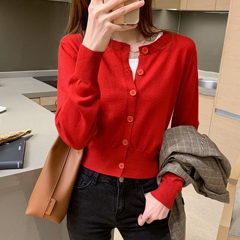 Korean Short Cardigan Women Knitted Cropped Sweater Top Long Sleeve Button Up Red Green Black White 