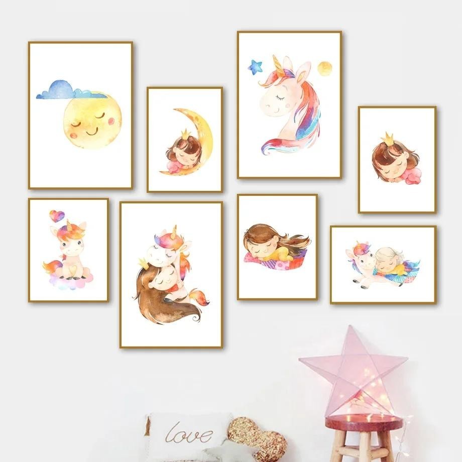 Nordic Style Cute Unicorn  Girl Canvas Wall Art  Colorful Moon Cloud Poster Prints for Kids Room Dec