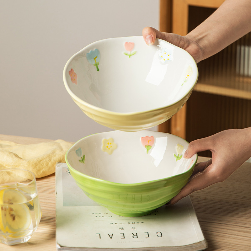 

Ceramic Bowl with Fresh Flower Design, Home Use, Large Noodle Bowl, INS Style Dishware, Large Bowl for Noodles and Salad
