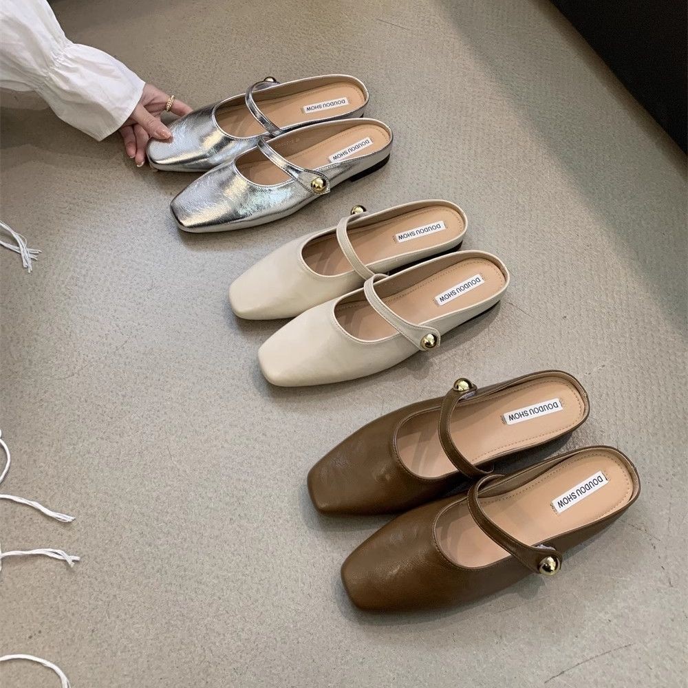 Sandal Setengah Gaya Eropa Dan Amerika Untuk Wanita, Sandal Ujung Datar Ujung Persegi Kecil Retro, P