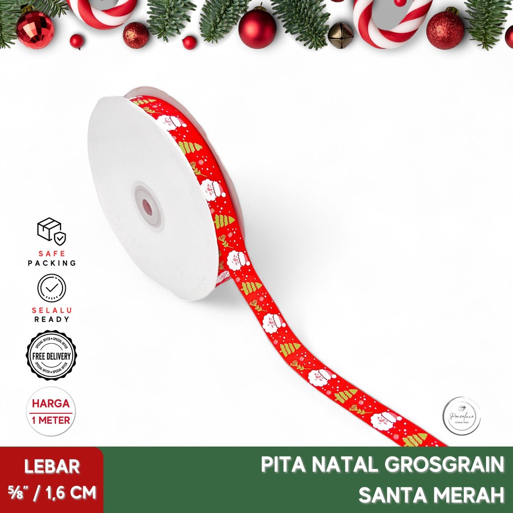 

[Meter] Pita Natal Grosgrain Taiwan Emboss Santa Merah Lebar 1,6 cm Kado Hiasan Dekorasi Hampers Parcel Craft Satin Organza Premium Xmas Pohon