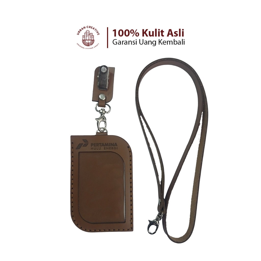 

Gantungan Nametag Tempat ID Card Holder Kulit + Lanyard "MODEL DAUN" ,3 Layer/Lapis, FREE Custom Desain & Grafir
