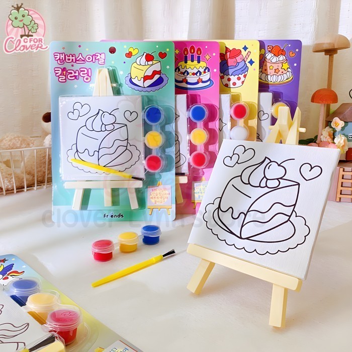 MINI PAINTING CANVAS WITH EASEL lukisan anak mawarnai cat souvenir