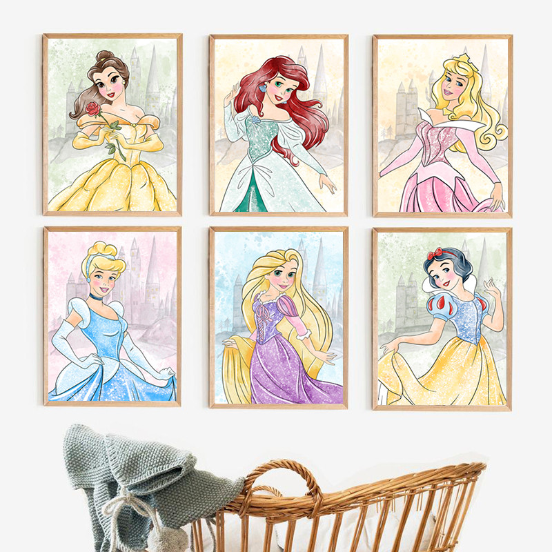 

Watercolor Princess Art Prints Cinderella, Aurora Sleeping Beauty, Belle, Ariel, Rapunzel Canvas Painting Girls Room Wall Decor