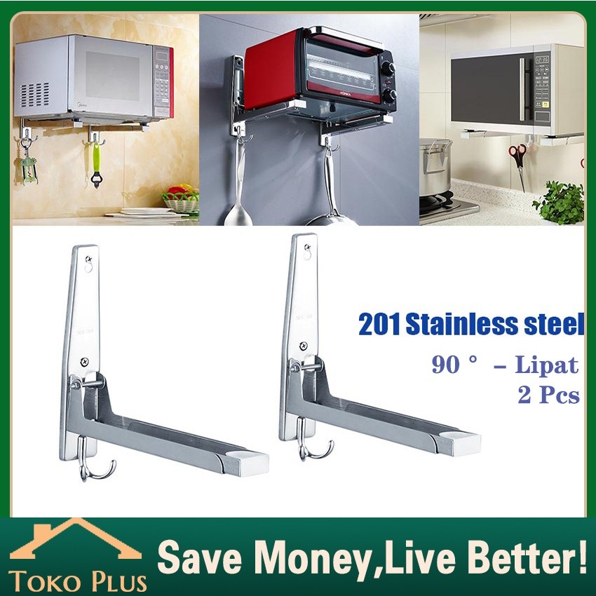 2Pcs Rak Microwave Oven Rak Tembok Dinding 304 Lipat / Siku Microwave Bracket Penyangga Oven Rak Mej