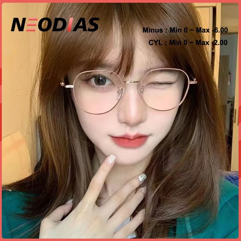 NeoDias Kacamata Minus Photochromic Wanita Anti Radiasi Blueray Gently Rose Gold Bulat Frame Korean 