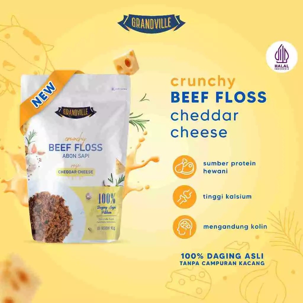 

GRANDVILLE CRUNCHY FLOSS 90GR BEEF CHEDDAR CHEESE / ABON SAPI KEJU CHEDDAR - ABON CIPUNG - MAKANAN BAYI / ANAK SEHAT