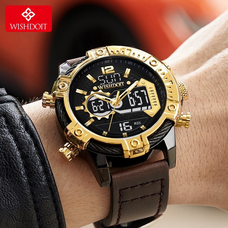 WISHDOIT Jam Tangan Pria Anti Air Asli Terbaru Kelas Atas Tali Kulit Hitam Jam Pria Fashion Keren Ol