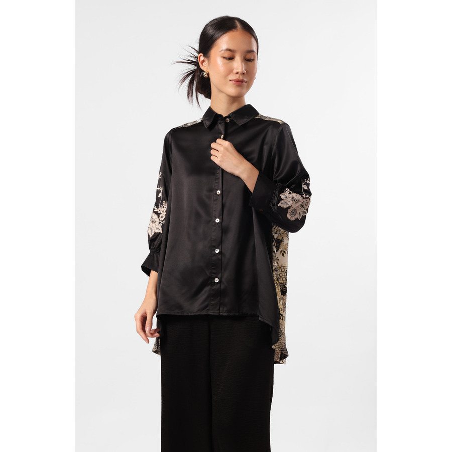 MINIMAL - Leandra - Kemeja Satin Bordir Bunga Wanita - Black