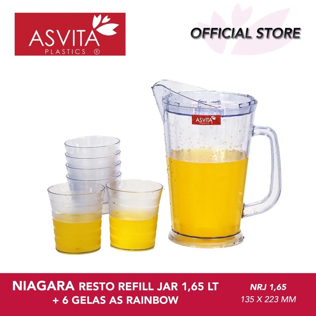 ASVITA Niagara Water Jug 1.65L + 6 Pcs Gelas Plastik Food Grade Eskan Teko Pitcher Wadah Minum NRJ16