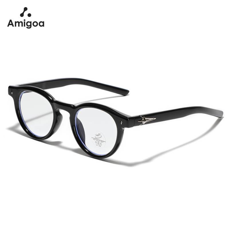 AMIGOA Kacamata Bingkai Bundar Bundar Anti Cahaya Biru Kacamata Premium Retro Sastra Kacamata Pelaja
