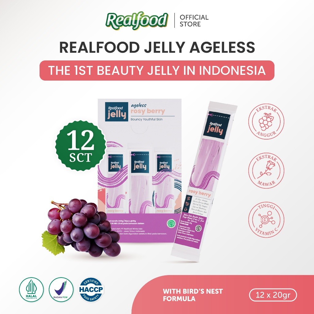 

Realfood Jelly Rosy Berry Sarang Burung Walet dengan Bubuk Salmon, Ekstrak Mawar dan Ekstrak Buah Blueberry
