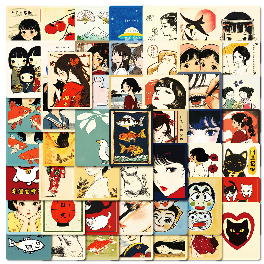 

50PCS Japanese Retro Cartoon Anime Stationery Stickers Water Cup DIY Waterproof Decorative Stickers