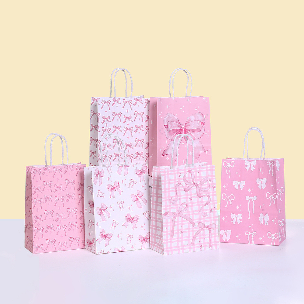 

6Pcs Pink Bow Paper Gift Bags Candy Snack Treat Bag Kids Girls Birthday Party Supplies Baby Shower Decoration Gift Packaging