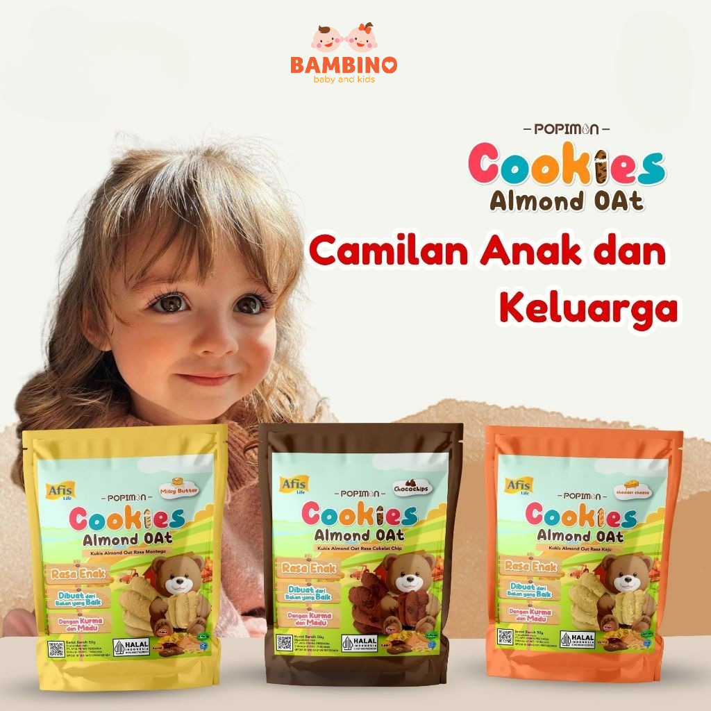 

Afis Popimon Cookies Almond Oat Pouch 50g - Kukis Anak cemilan sehat