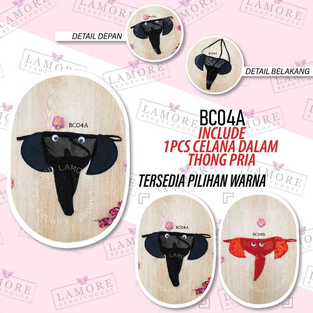 Lamore Lingerie Thong Pria Motif Gajah Underwear Pria Hitam BC04A