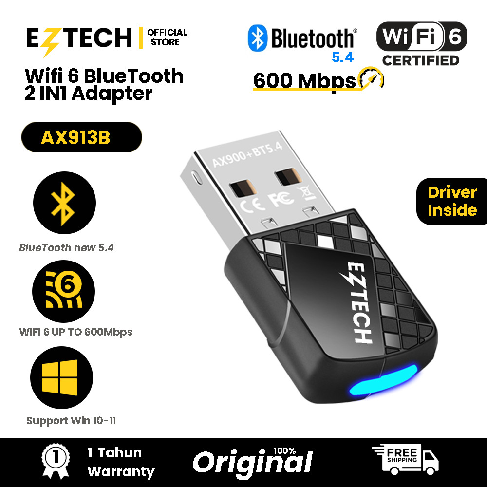 EZTECH AX913B Terbaru Nano Wi-Fi 6 600 Mbps 2.4/5GHz Dual Band + Bluetooth 5.4 2in1 USB Wifi