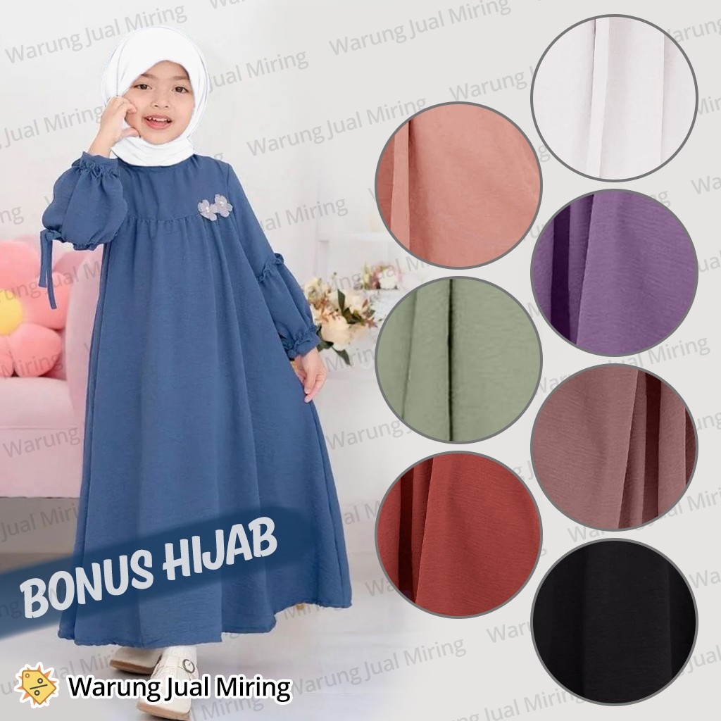 Setelan Gamis & Hijab Anak Sakura 2-12 Tahun Crinkle Airflow Set Jilbab Kerudung Baju Muslim Perempu
