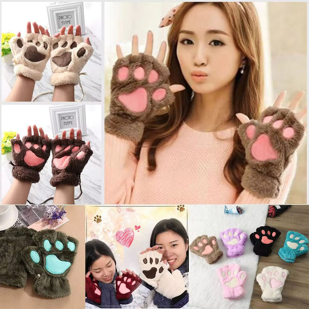 Cat Claw Gloves Winter Cute Cartoon Cat Girl Bare Finger Gloves Thick Fluffy Bear Paw Half Finger Gl