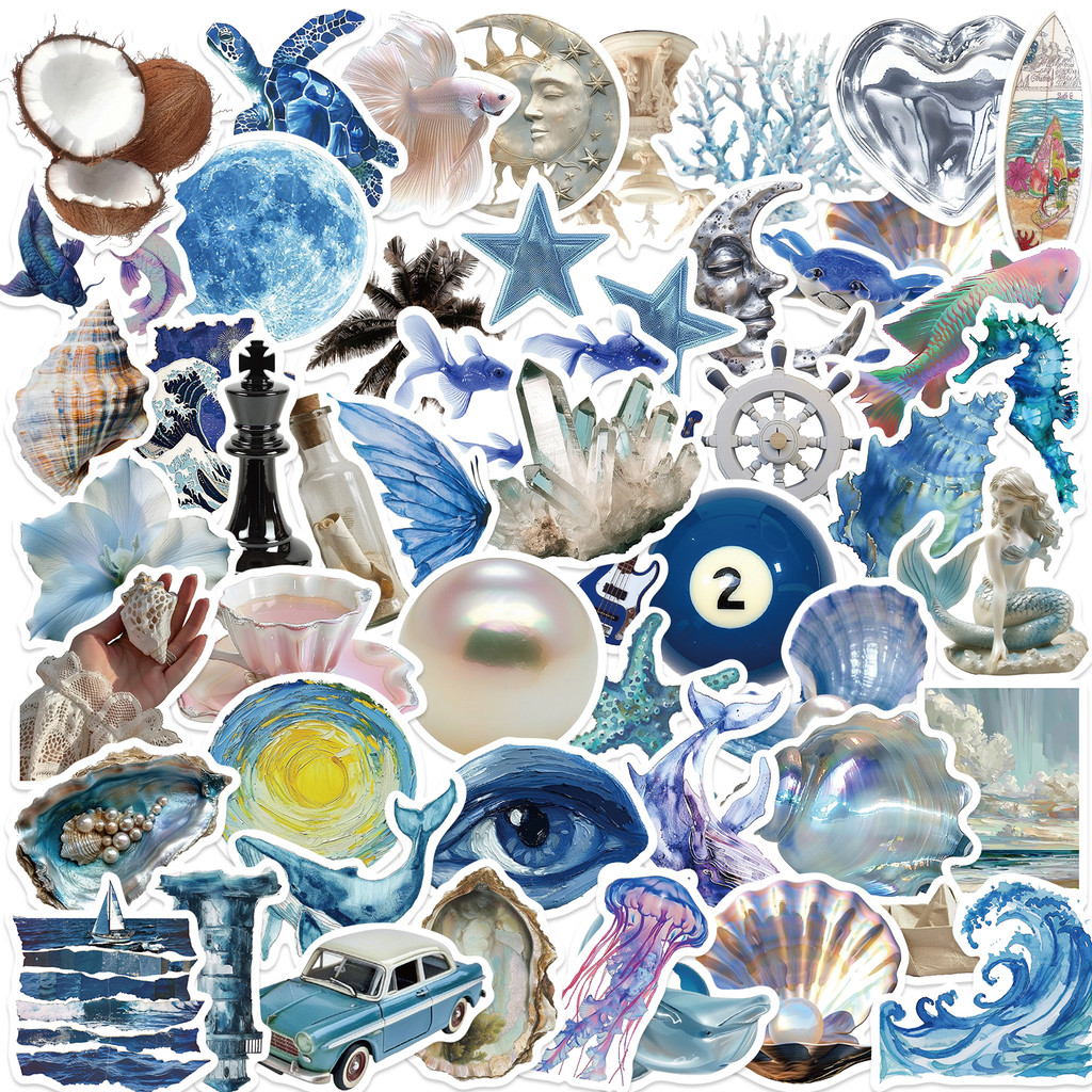 

50pcs Ins Wind Blue and Silver Ocean Stickers Aesthetic Cartoon Stickers For Laptops Luggage Skateboards Scrapbooks Guitars