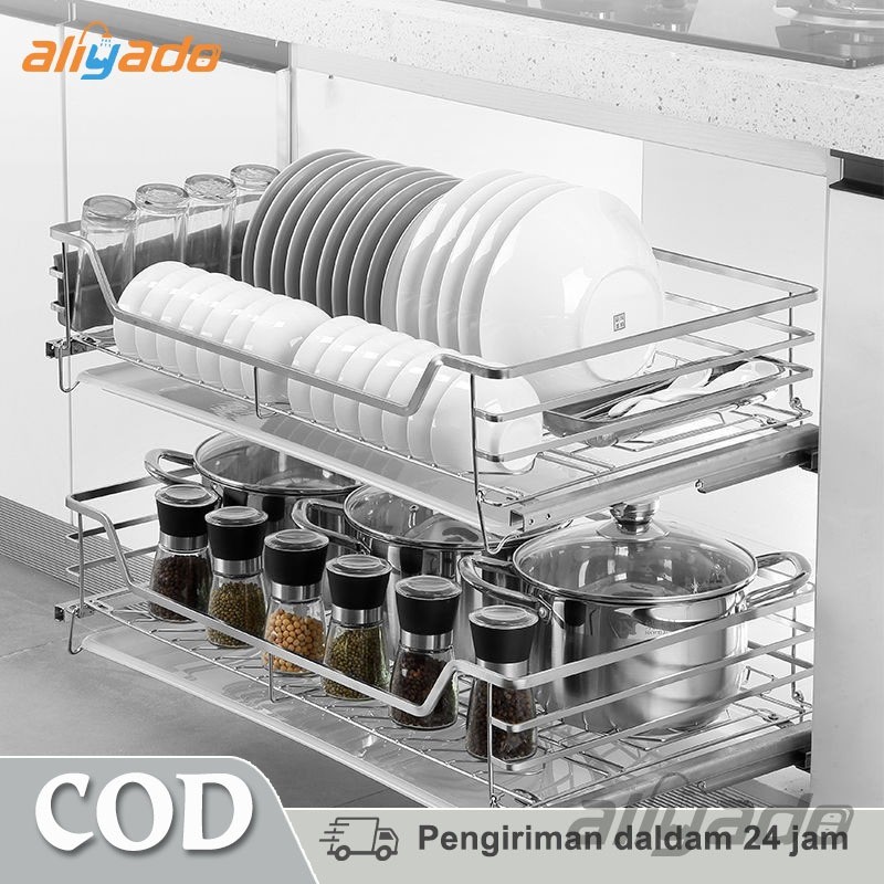 

2 susunRak Piring Stainless Steel Rak Dapur piring Rak Serbaguna Rak Kabinet Lemari Dapur Keranjang Geser Laci Rak
