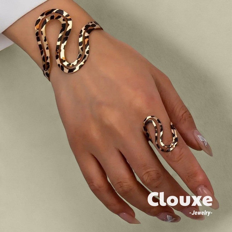 [Clouxe] Gelang Cincin Set Wanita Motif Macan Kumbang Logam Tidak Beraturan Lubang S Bisa Disesuaika