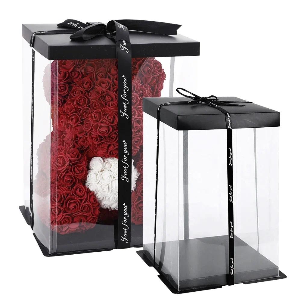 

28/40cm Artificial Rose Foam Bear Transparent Box Flower Gifts Cake Packing Box For Wedding Birthday Party Decor