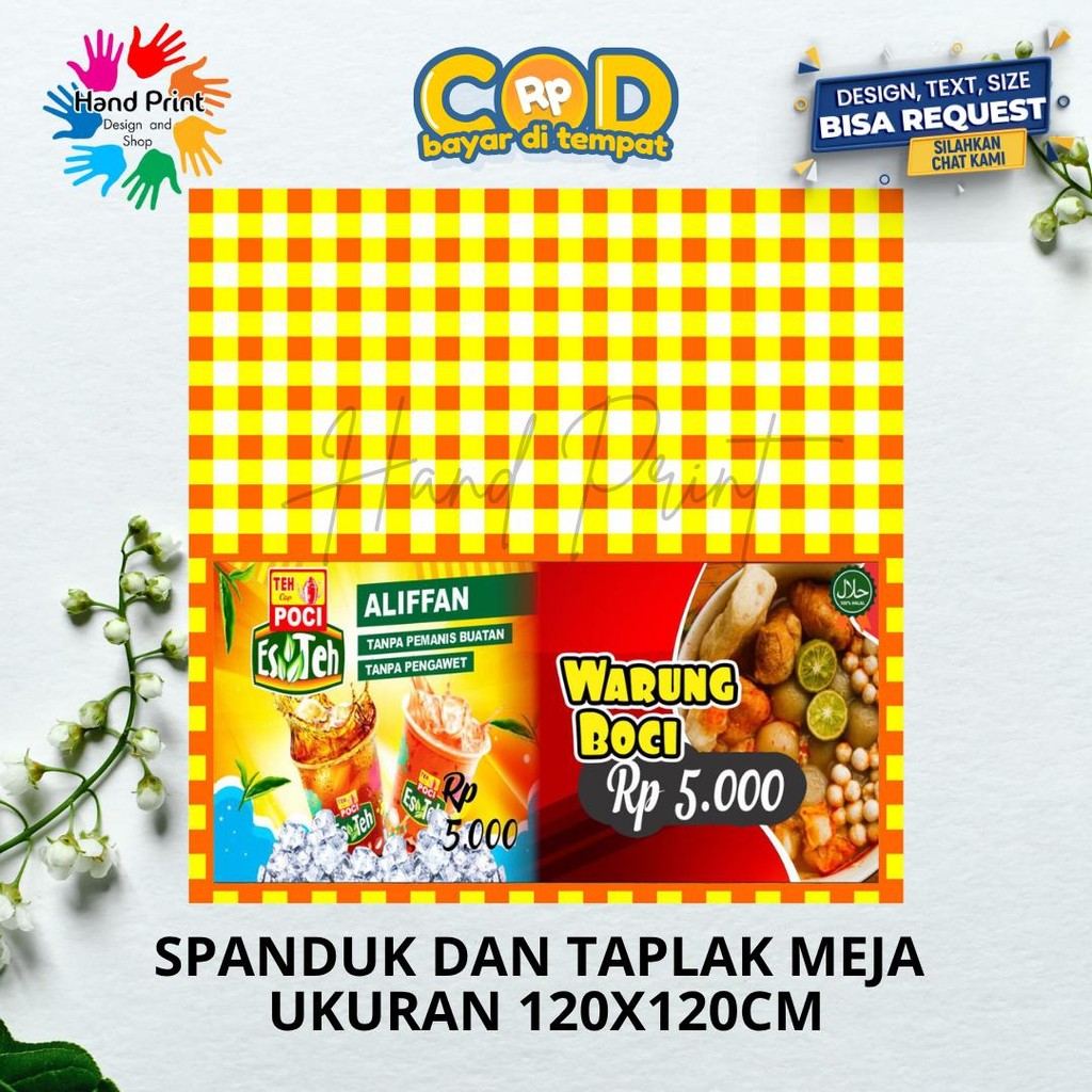 Cetak Spanduk Banner Taplak Meja Es teh poci dan boci MMT Custom 120x120 CM