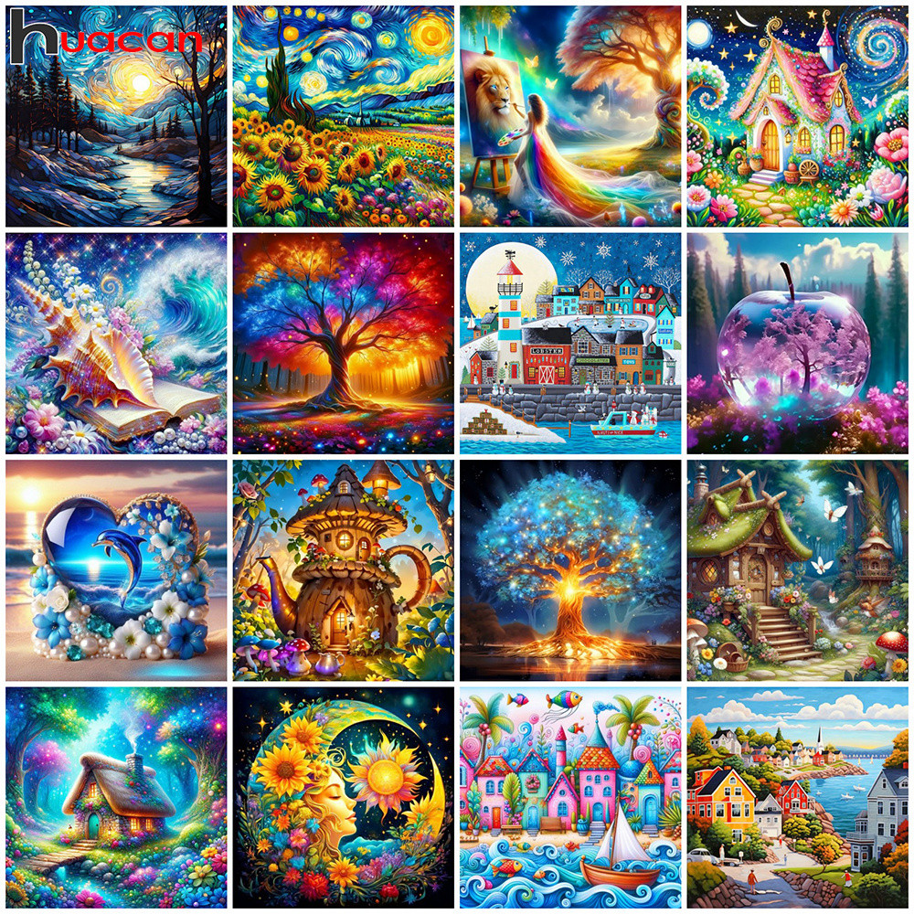 

Huacan DIY Embroidery Landscape Tree Fantasy Cotton Thread Needlework Cross Stitch Scenery Printed Canvas Handmade Home Decor