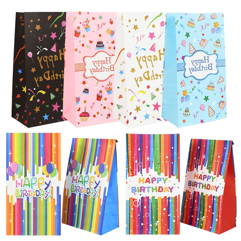 

10/30/50Pcs Happy Birthday Kraft Paper Gift Bags Colorful Print Candy Cookies Packaging Boxes Bag For Kids Birthday Party Decor