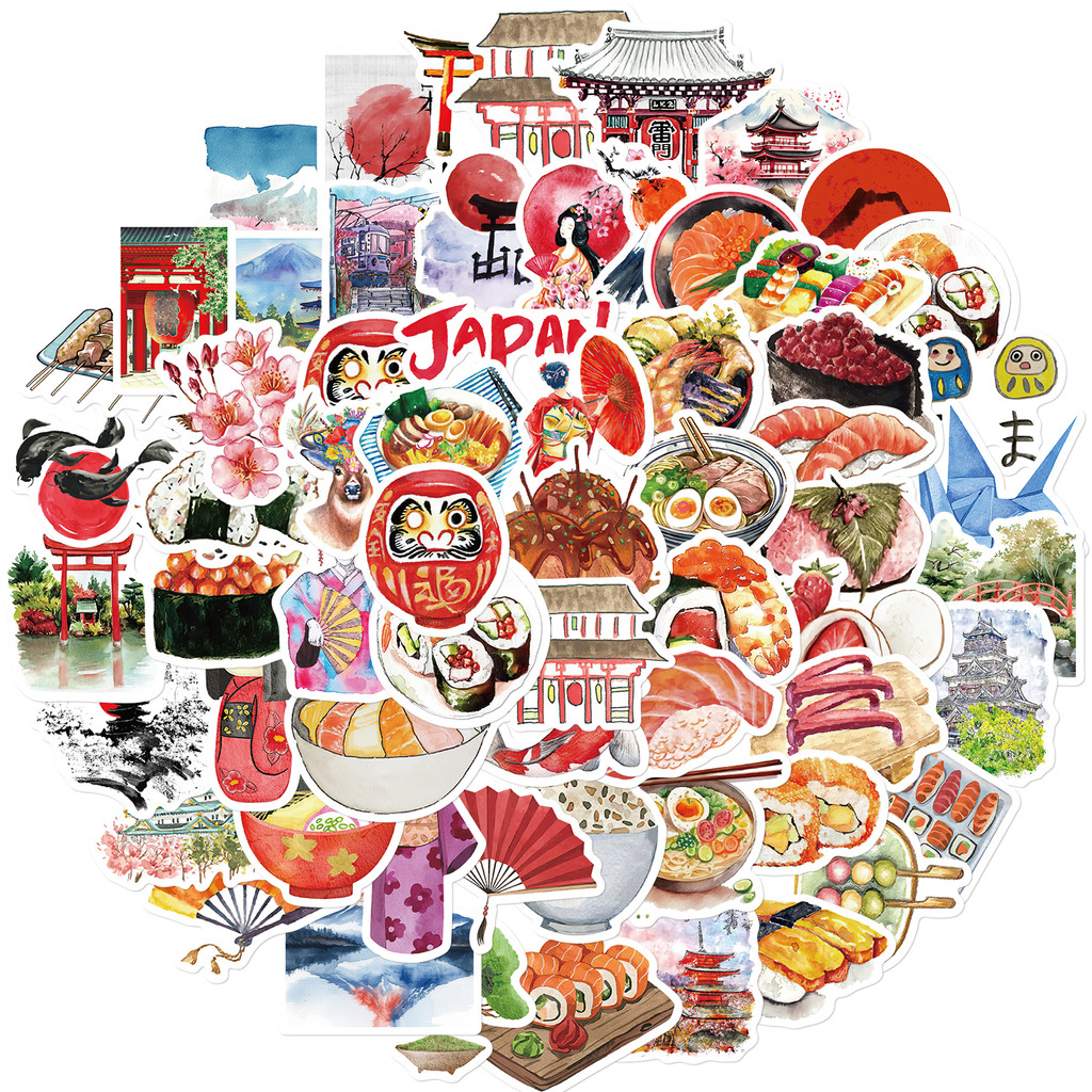

64PCS Japanese Travel Retro Style Architecture Food Stickers Exquisite Handmade Material Phone Case Laptop Decoration